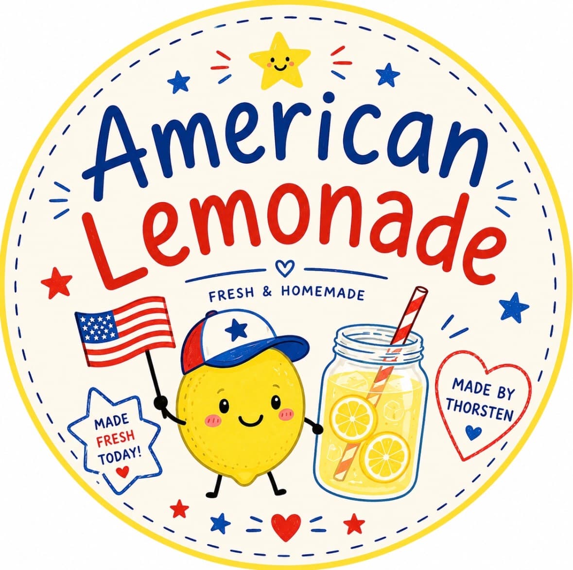 American Lemonade — Fresh & Homemade. Round sign with lemon mascot.